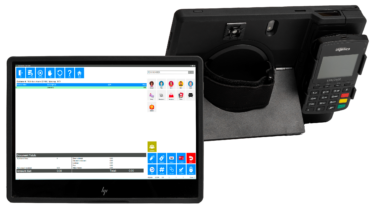 Mobile Point of Sale tablet, HP Engage Go with an Ingenico Link 2500 attached to the back.