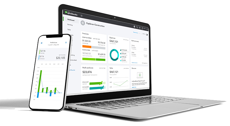 QuickBooks Online images on a laptop and a mobile phone.