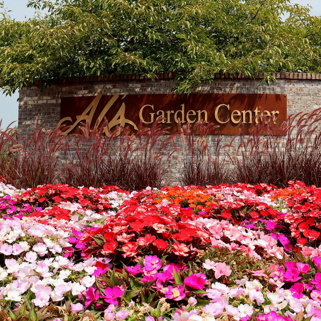 Al's Garden Center sign out in front of their store, with flowers in the foreground.