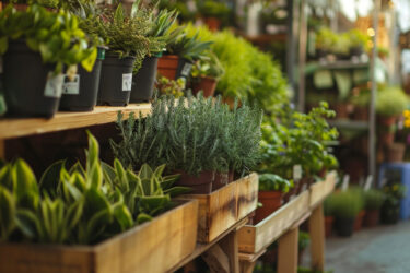 Variety of potted plants neatly arranged in a garden center. Lush and vibrant greenery.