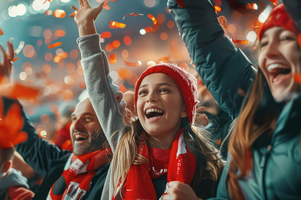 Fans cheering for their sports team while watching a game from stadium stands.