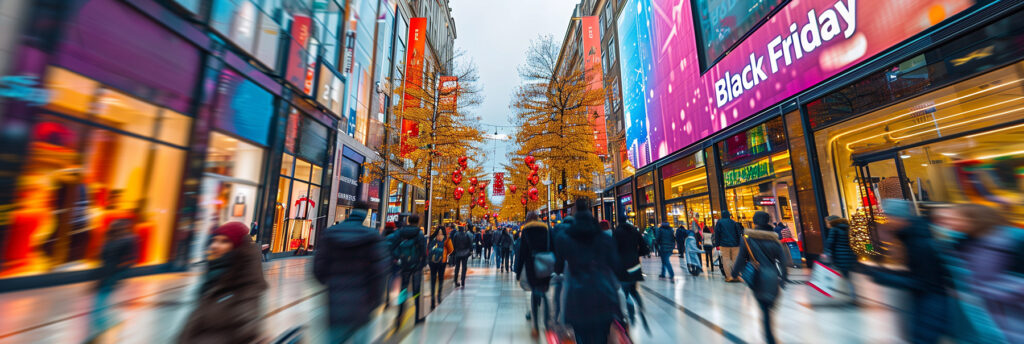 Shoppers in a busy shopping area during the holiday season. A Black Friday sign is above one of the shops.