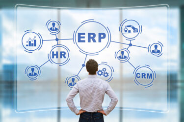 IT Manager standing in front of a virtual ERP diagram linking to different icons including HR and CRM.