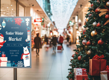 Promotional sign in a shopping mall with a holiday tree next to it.