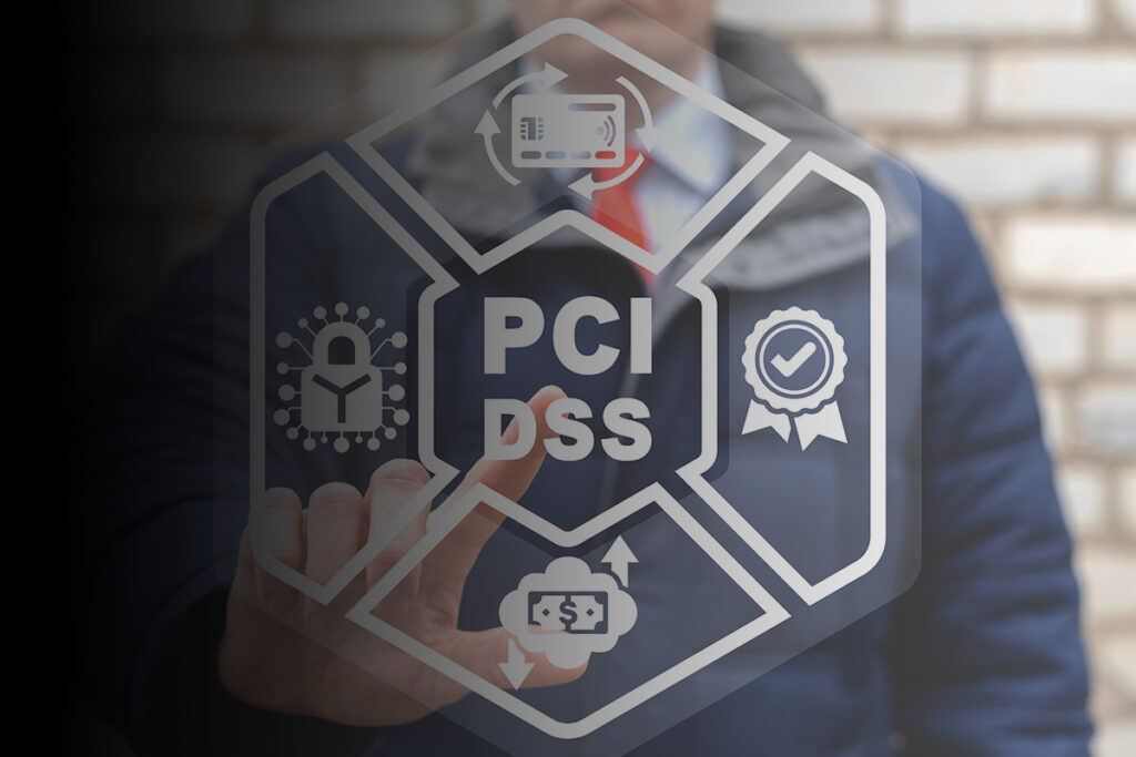 PCI DSS - Payment Card Industry Data Security Standard digital image in front of a man wearing a coat and tie.