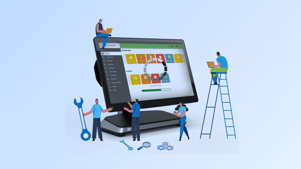 Purging data graphic with people performing maintenance on a point of sale terminal with NCR Counterpoint on the screen.