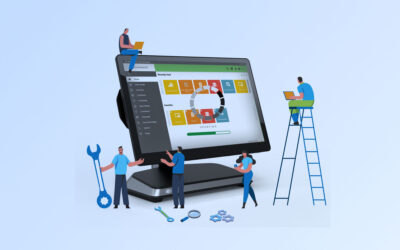 Purging data graphic with people performing maintenance on a point of sale terminal with NCR Counterpoint on the screen.