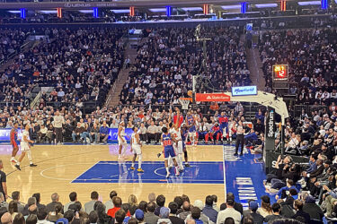 View of the New York Knicks basketball game from the stands.