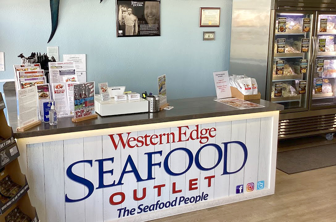 Western Edge Seafood Outlet retail seafood store checkout counter.