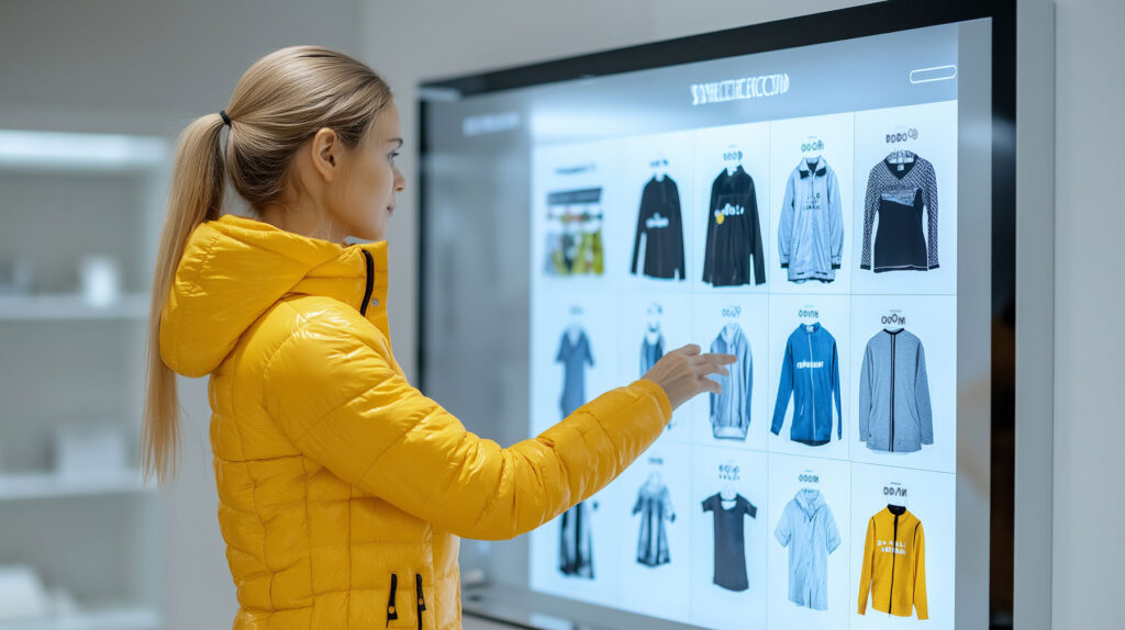 Woman in a bright yellow jacket using a large touchscreen to look at AI trends in clothing.