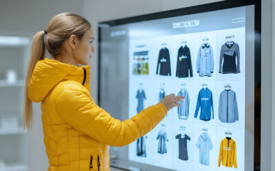 Woman in a bright yellow jacket using a large touchscreen to look at AI trends in clothing.